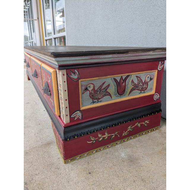 Wood Folk Hungarian-Style Painted Trunk Bench For Sale - Image 7 of 9
