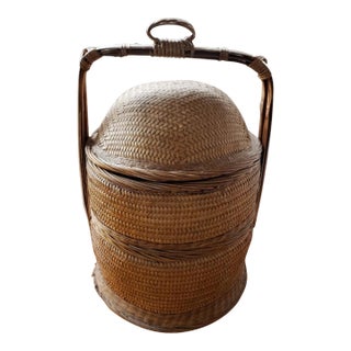 Mid 20th Century Chinese Woven Wicker & Bamboo Wedding Basket For Sale