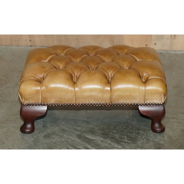 Pair of Vintage Tan Brown Leather Chesterfield Wingback Chairs With Footstools For Sale - Image 16 of 18