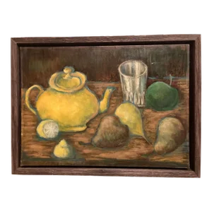 Mid 20th Century “Théière Jaune Et Fruits” French Oil on Canvas Painting by Laurent Marcel Salinas