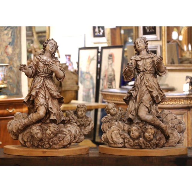 Pair 18th Century Italian Baroque Carved Painted Wood Adoring Angel Sculptures For Sale - Image 10 of 16