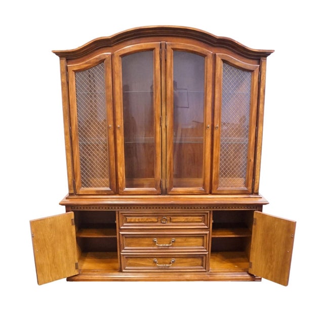 Wood Stanley Furniture Solid Walnut Italian Provincial 66" Buffet W. Lighted Display China Cabinet W. Grilled Doors 8311-04 For Sale - Image 7 of 15