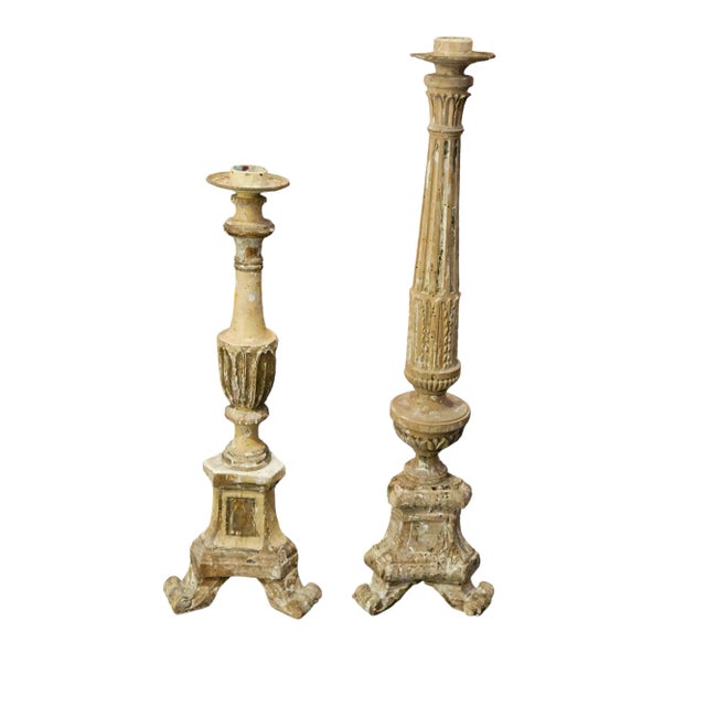 18th C / 19th C Italian Wood Pricket Candlesticks - An Unmatched Pair sold as found with excessive paint loss some cracks...