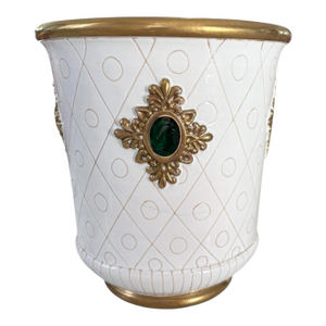 1960s Ugo Zaccagnini White & Gold Jeweled Italian Hollywood Regency Pottery Cachepot