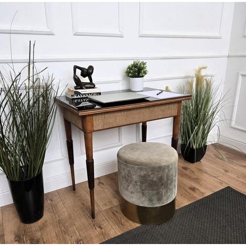 Beautiful Italian Mid-Century Modern desk writing table, in wood with elegant rattan wicker bamboo frame, decorated legs...