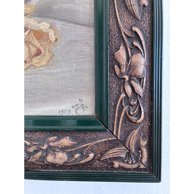 This antique original flower oil painting from 1913 shows yellow roses and a small insect detail. The soft colours and...