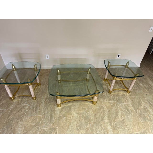 Postmodern 1990s Italian Horn Brass Coffee & End Tables Set with Heavy Glass Tops - Set of 3 For Sale - Image 3 of 13