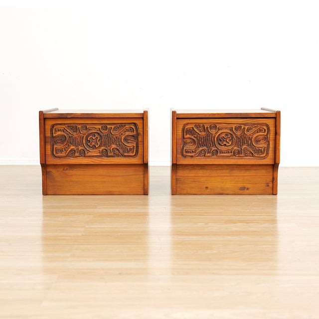 Pair stunning brutalist nightstands Aquarius Enterprises. This rare pair is constructed of solid wood, either pine or oak....