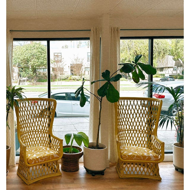 1970s Vintage 1970s High-Back Rattan Wingback Lounge Chairs — Sculptural Coastal Mid-Century Modern Pair For Sale - Image 5 of 11