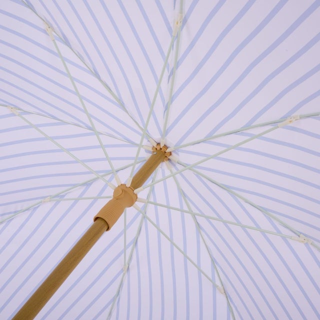 Spritely Home Bella 6.5 Ft Beach Fringed Umbrella, Baby Blue Bistro Stripe For Sale - Image 4 of 8