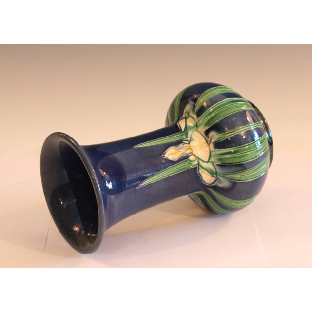 Antique Awaji Pottery Blue Ground Incised Iris Japanese Trumpet Form Vase For Sale - Image 4 of 9