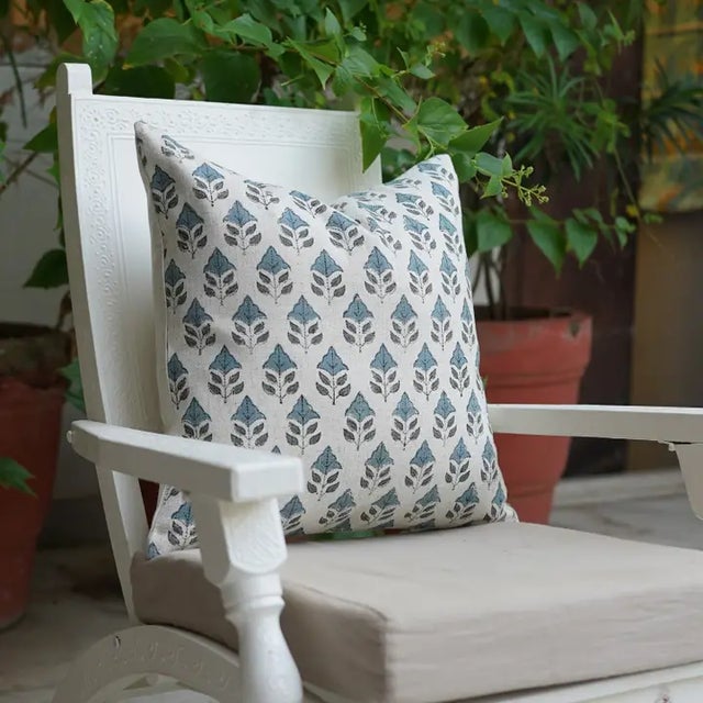 Art Deco Boho Block Print Water Replicant Cushion Cover 14x20 Inch Cotton Linen- Mayur For Sale - Image 3 of 6