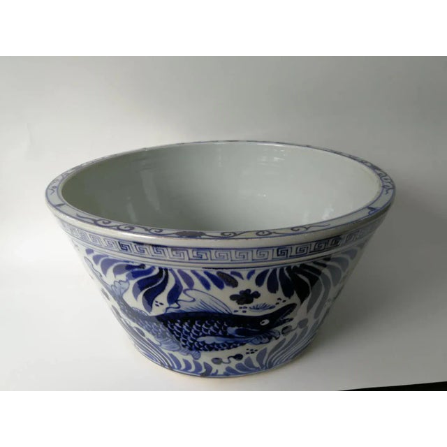Chinese Blue and White Oriental Fish Bowl Planter For Sale - Image 9 of 11