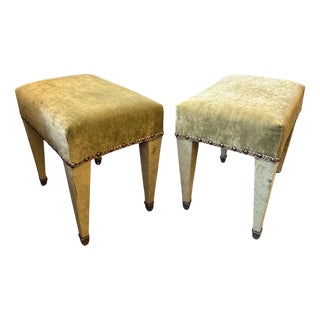 Mid-Century French Green Velvet and Brass Ottomans, 1950, Set of 2 For Sale