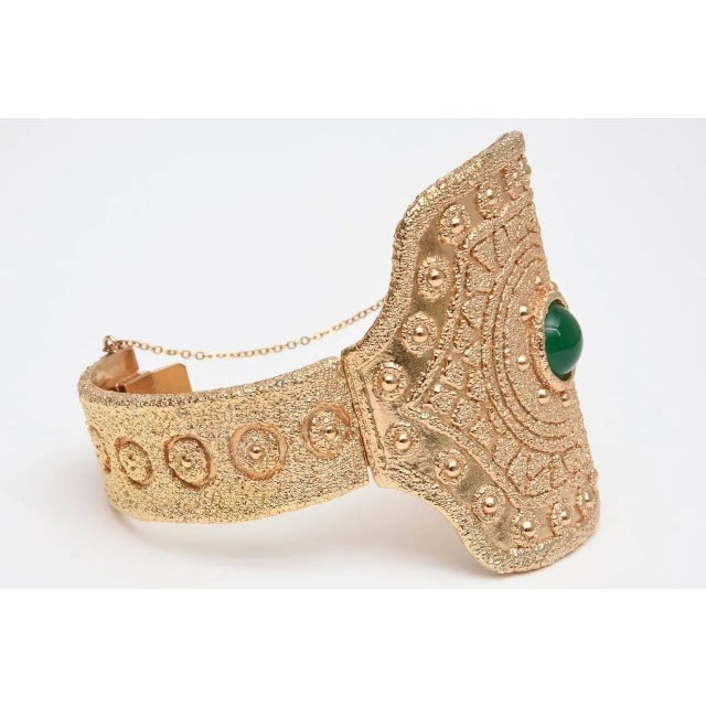 Metal Vintage Napier Gold Plated and Green Glass Cuff Bracelet For Sale - Image 7 of 9