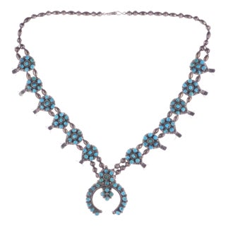 c1950's Native American sterling turquoise cluster squash blossom necklace For Sale