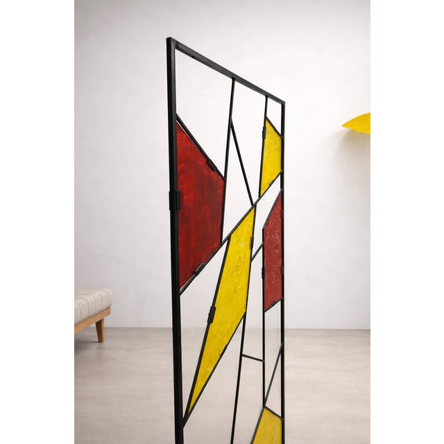 Striking vintage modernist room divider / freestanding screen featuring an abstract geometric composition in textured...