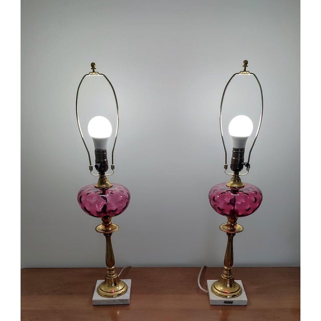 William Morris 1950s Cranberry Glass and Brass Lamps With Morris Shade - a Pair For Sale - Image 4 of 11