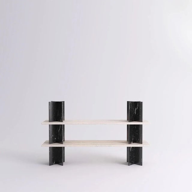 Monument shelves by mathieu girard & gauthier pouillart. Dimensions: l 195 x h 117. Materials: white travertine shelves -...