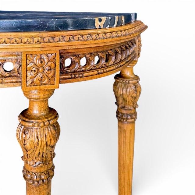 Wood Mid-20th Century Louis XVI Style Demilune Console Table in Bleached Mahogany With Portoro Nero Marble Top For Sale - Image 7 of 11