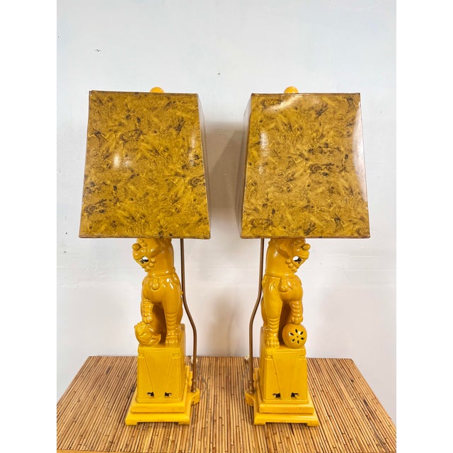 Vintage Yellow Ceramic Foo Dog Lamps - A Pair For Sale - Image 11 of 12