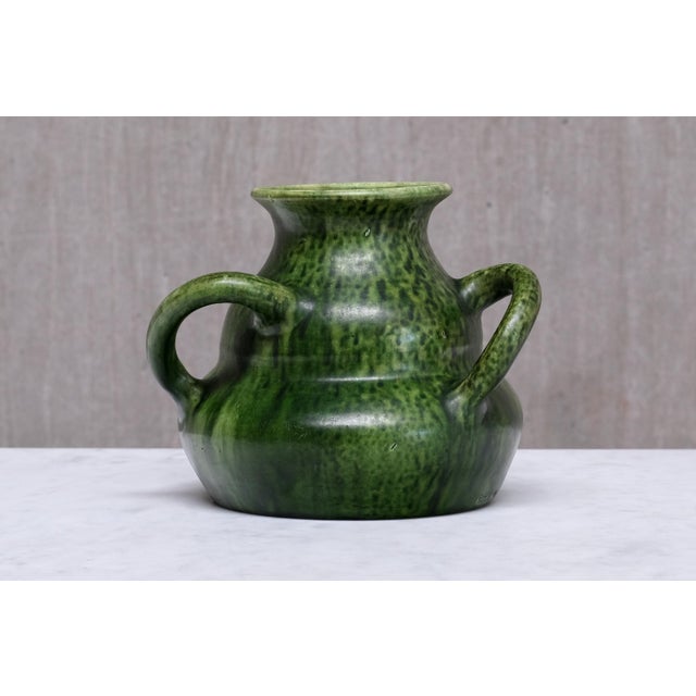 Belgian Art Nouveau Sculptural Green Glazed Tri-Handled Vase, 1910s For Sale - Image 5 of 11