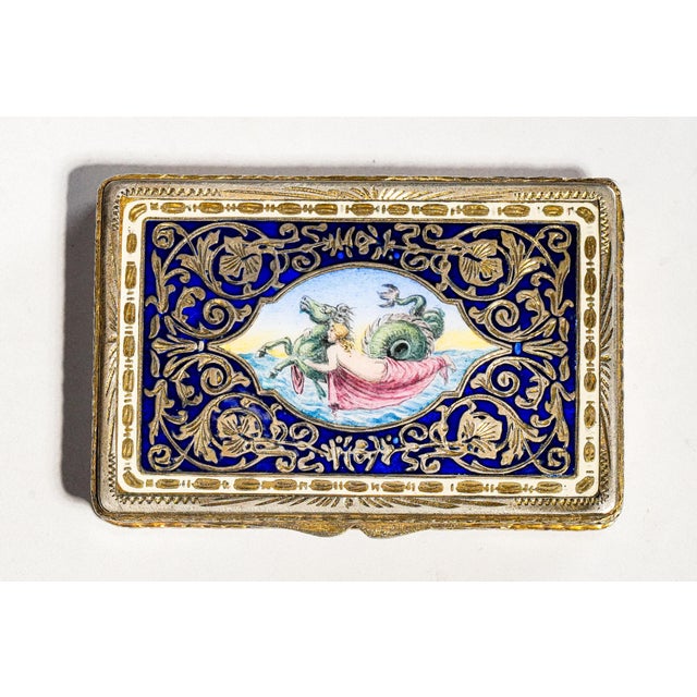 Victorian Amazing European 19th Century Antique Continental 800 Silver Gold Gilt Enamel Snuff Box Nereid Riding Hippocamp Neoclassical Art Tobacciana For Sale - Image 3 of 16