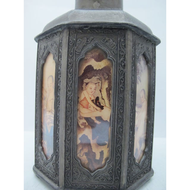 Chinese Pewter Octagonal Tea Caddy With Inset Painted Erotic Art Panels For Sale In Portland, OR - Image 6 of 13