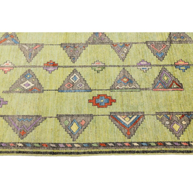 Modern Khotan Style Hand-Knotted Wool Rug - Green & Earth Tone Geometric Design For Sale In New York - Image 6 of 11