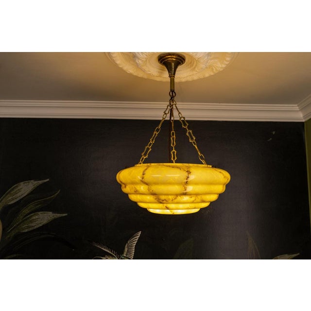 Art Deco Layered Marbled Yellowish Beige and Brown Glass and Brass Pendant Light, 1950s For Sale - Image 13 of 18
