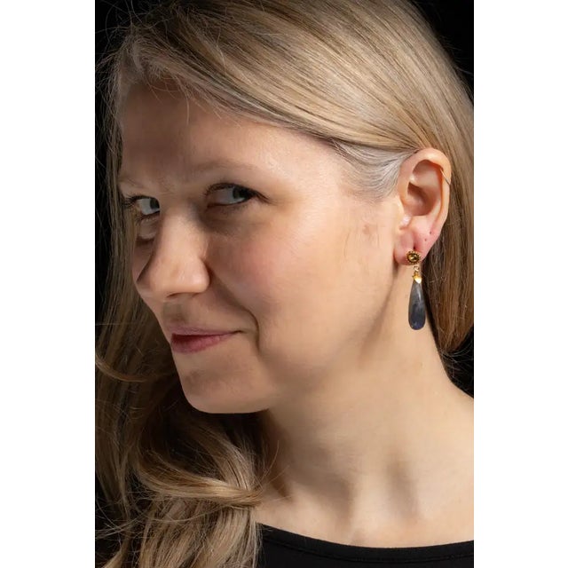 Modern Faceted Labradorite Dangle Drop Earrings With 18k Gold For Sale - Image 3 of 4