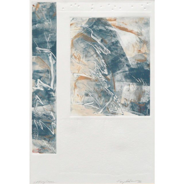 Walking Crane, an abstract acrylic painting incorporating stippling and other textural effects, as well as two chops...