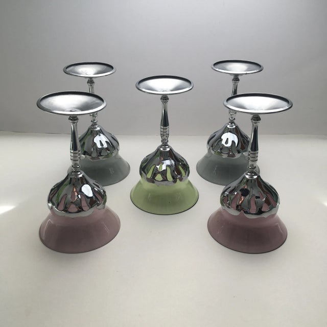 Art Deco Vintage Multicolored Chrome Scrollwork Wine Glasses- Set of 5 For Sale - Image 3 of 13