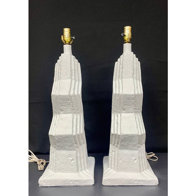 Art Deco 1980's Post Modern White Zig Zag Plaster Lamps by Ziggurat - A Pair For Sale - Image 3 of 12