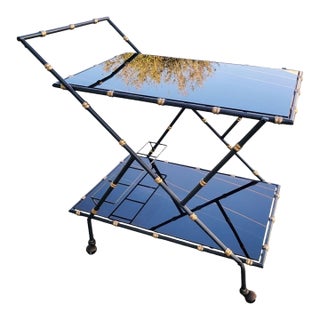 Vintage Italian Customized Black Glass 2 Tiered Hollywood Regency Gold Gilt Faux Bamboo Dry Rolling Cart Bar For Sale