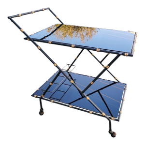 Vintage Italian Customized Black Glass 2 Tiered Hollywood Regency Gold Gilt Faux Bamboo Dry Rolling Cart Bar