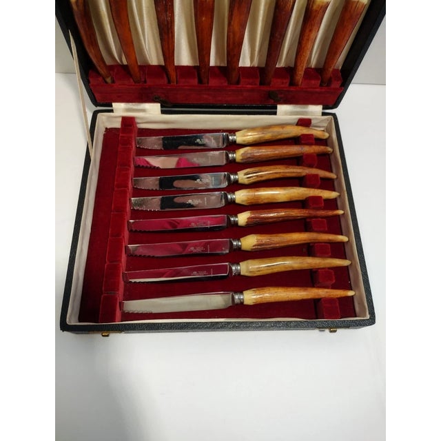 Mid-Century Modern Taylor Witness Sheffield 16pc Stainless Steak Knife Fork Set, Stag Wood With Case For Sale - Image 3 of 12