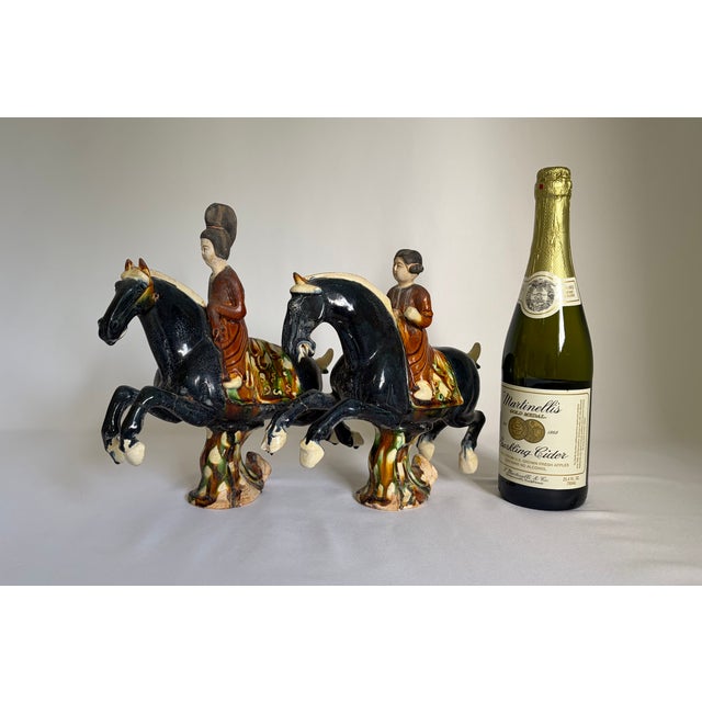 Chinese Tang-Style Sancai Glazed Horse and Rider Figurines - Pair For Sale - Image 4 of 10
