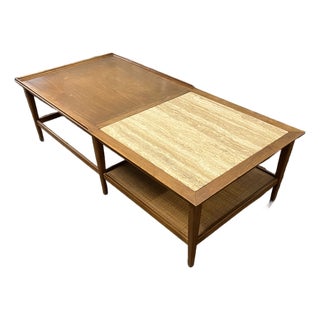 Mid-Century Walnut Coffee Table With Travertine Inset and Caned Shelf by Heritage For Sale