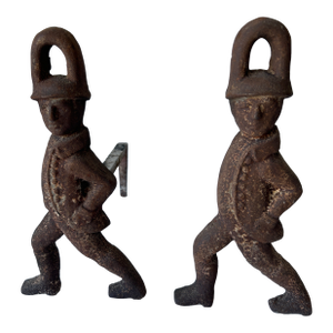 Pair of Antique Cast Iron Figural Andirons With Standing Figures, 19th Century