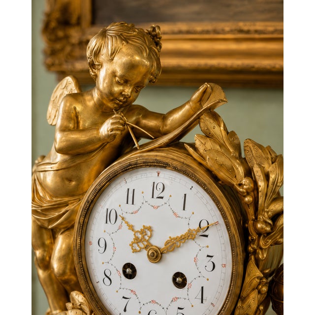 Metal 19thC French Louis XVI Gold Ormolu Clock Set - 3 Pc For Sale - Image 7 of 14