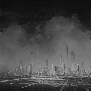 The Engulf by Todd Carpenter | Oil on Artefex ACM panel Black and white city skyline with clouds For Sale