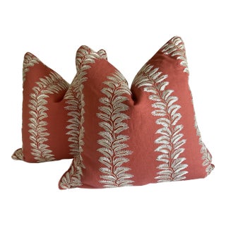 Gp and J Baker Bradbourne Embroidery in Coral- Pillows- 22" Pair For Sale