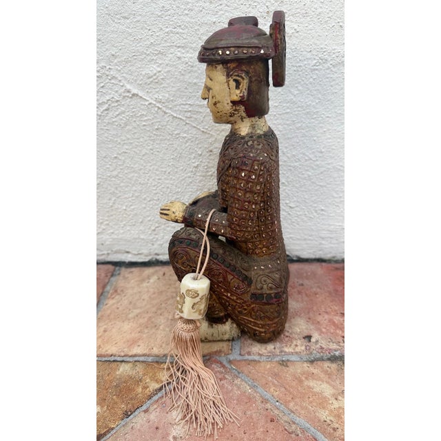 Mid 20th Century Hand-Carved Chinese Wooden Figural Sculpture of Seated Musician With Drum For Sale - Image 4 of 12