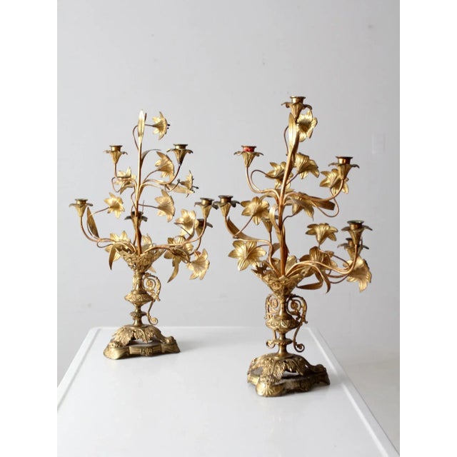 Victorian Antique Brass Candelabras Pair For Sale - Image 3 of 13