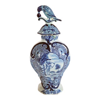 French Delft Rococo Style Blue and White Pottery Covered Urn For Sale