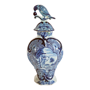 French Delft Rococo Style Blue and White Pottery Covered Urn