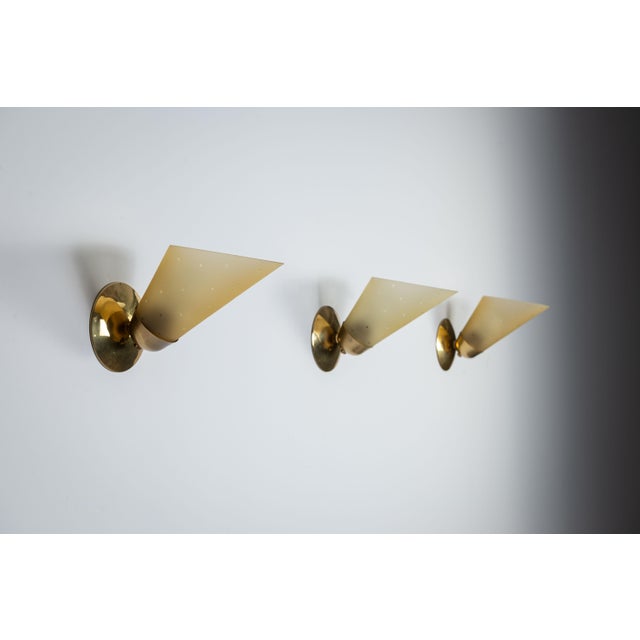 Vintage Brass Sconces with Decorated Yellow Glass Shades, 1960s, Set of 3 For Sale - Image 6 of 18