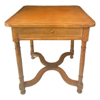 19th Century French Side Table With Embossed Leather Top and X-Form Stretcher For Sale