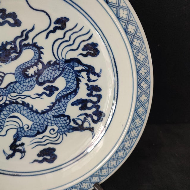 White Chinese Ceramic Plate,Xuande Marked Blue and White Porcelain Plate Hand Painted Dragon Pattern For Sale - Image 8 of 10